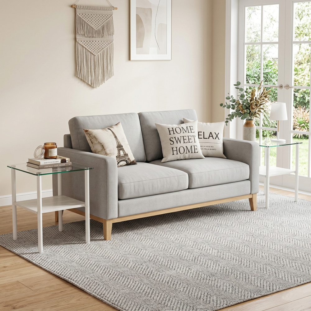 Modern 2-Piece Glass Side Table, Tempered Top with Storage Shelf, Metal Legs