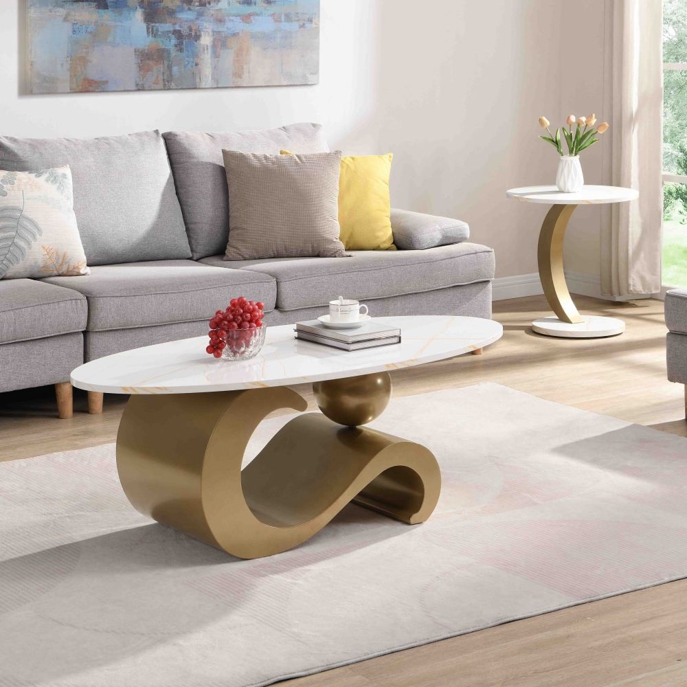 Nesting Coffee Table Set of 2 Oval Round Side End Tables Golden MDF Metal Frame