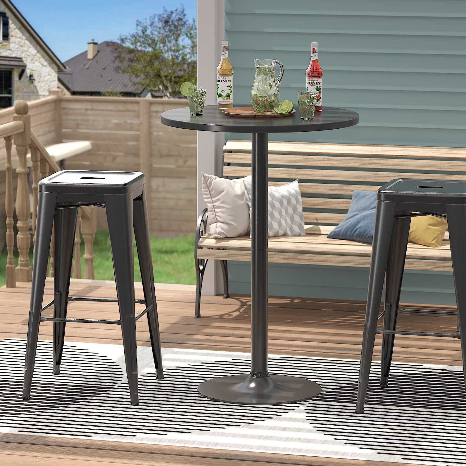 Bistro Pub Table Round Bar Height Cocktail Table Metal Base MDF Top Obsidian …