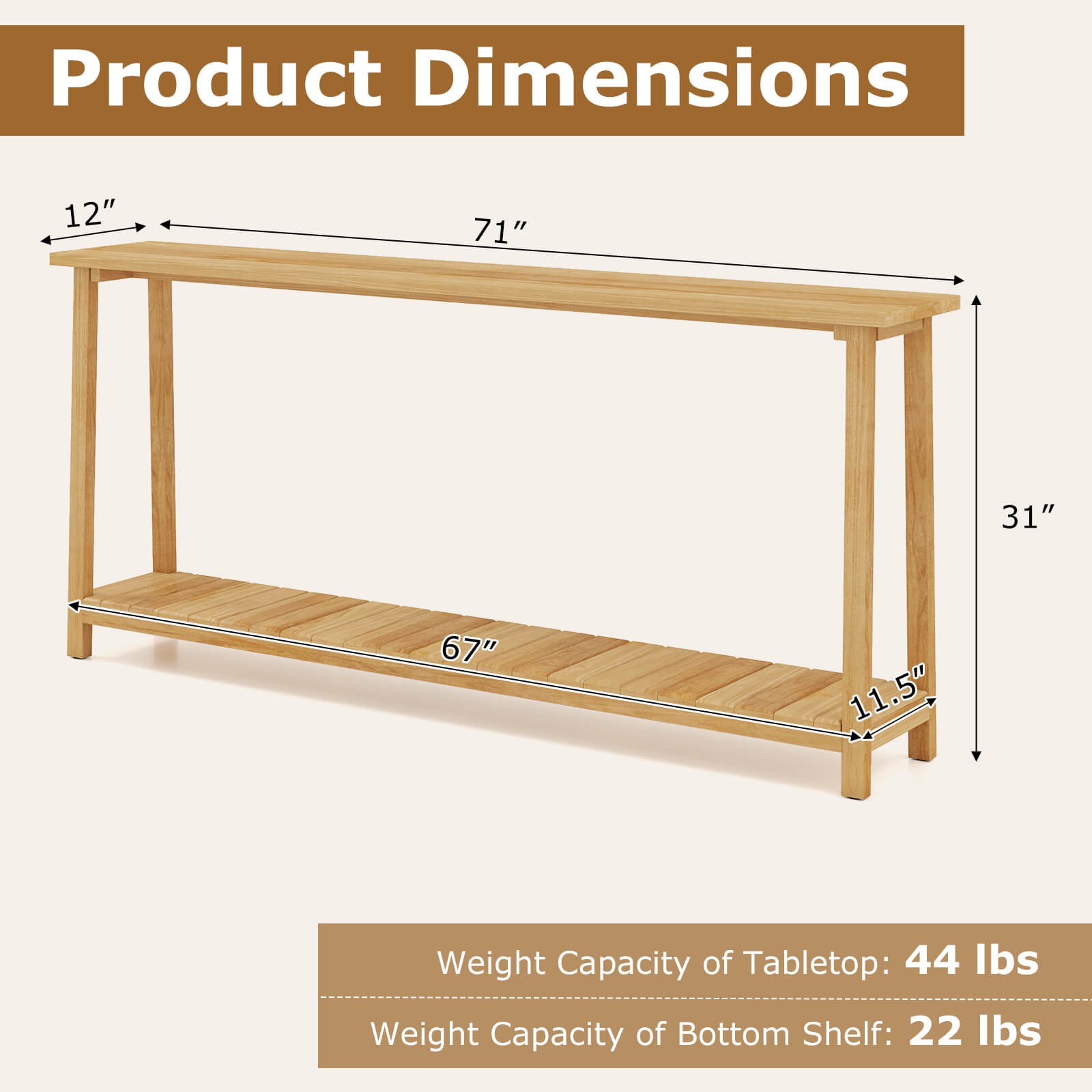 71″ Solid Wood Large Console Table,2-Tier Farmhouse Sofa Table w/Teak Wood Frame
