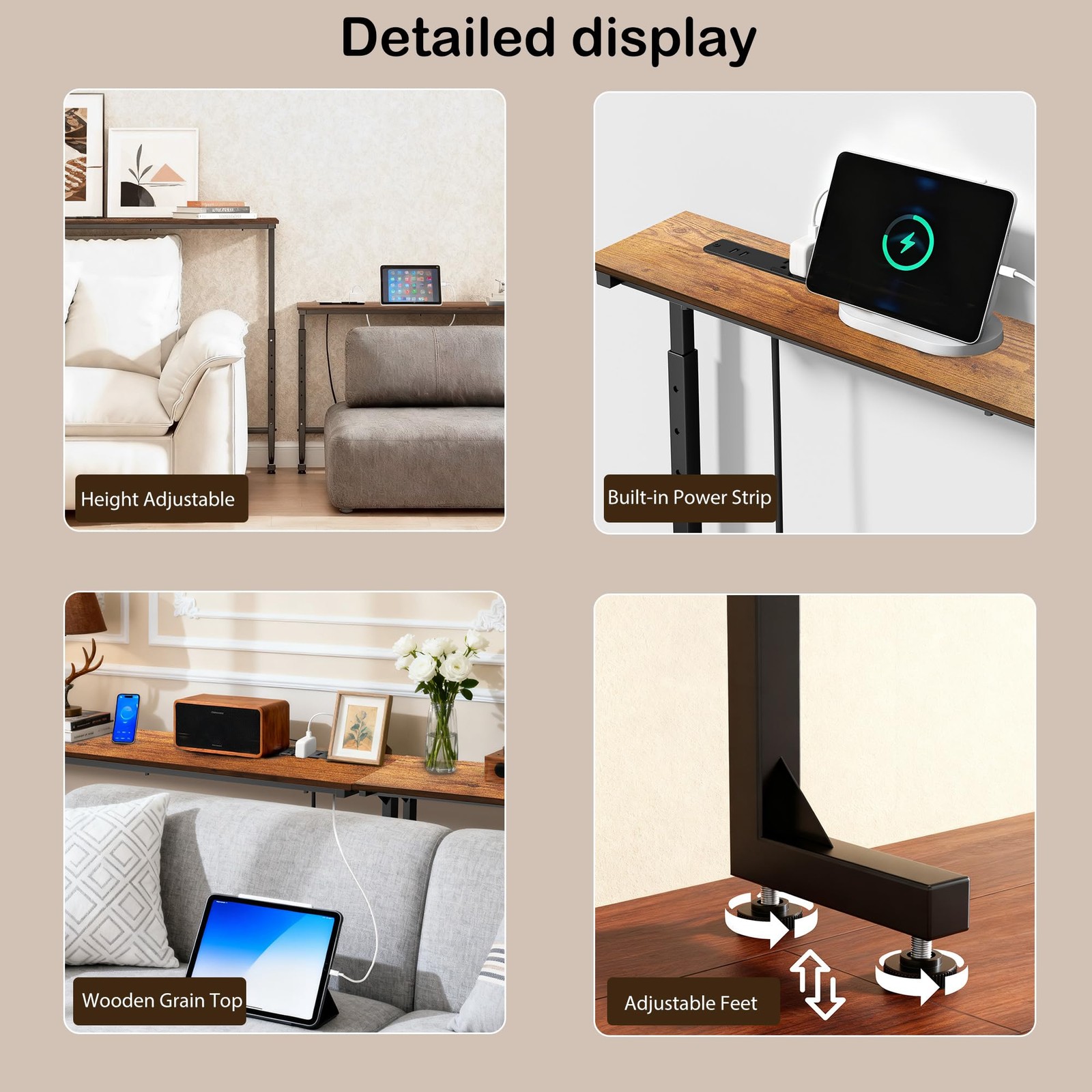 Adjustable Height Narrow Sofa Table 78″ Long Console Power Outlets Charging