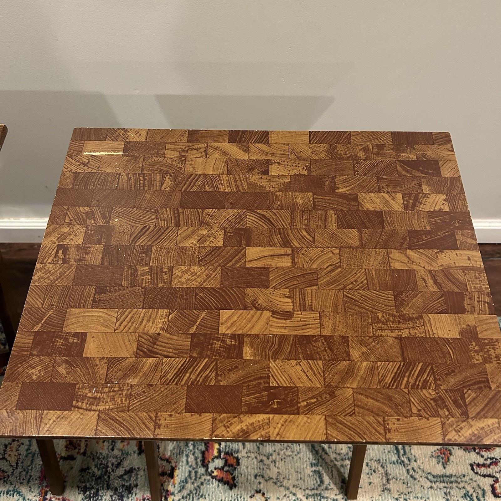 Vintage Faux Butcher Block TV Tray Set of 4 Retro Laminate Folding TV Tables