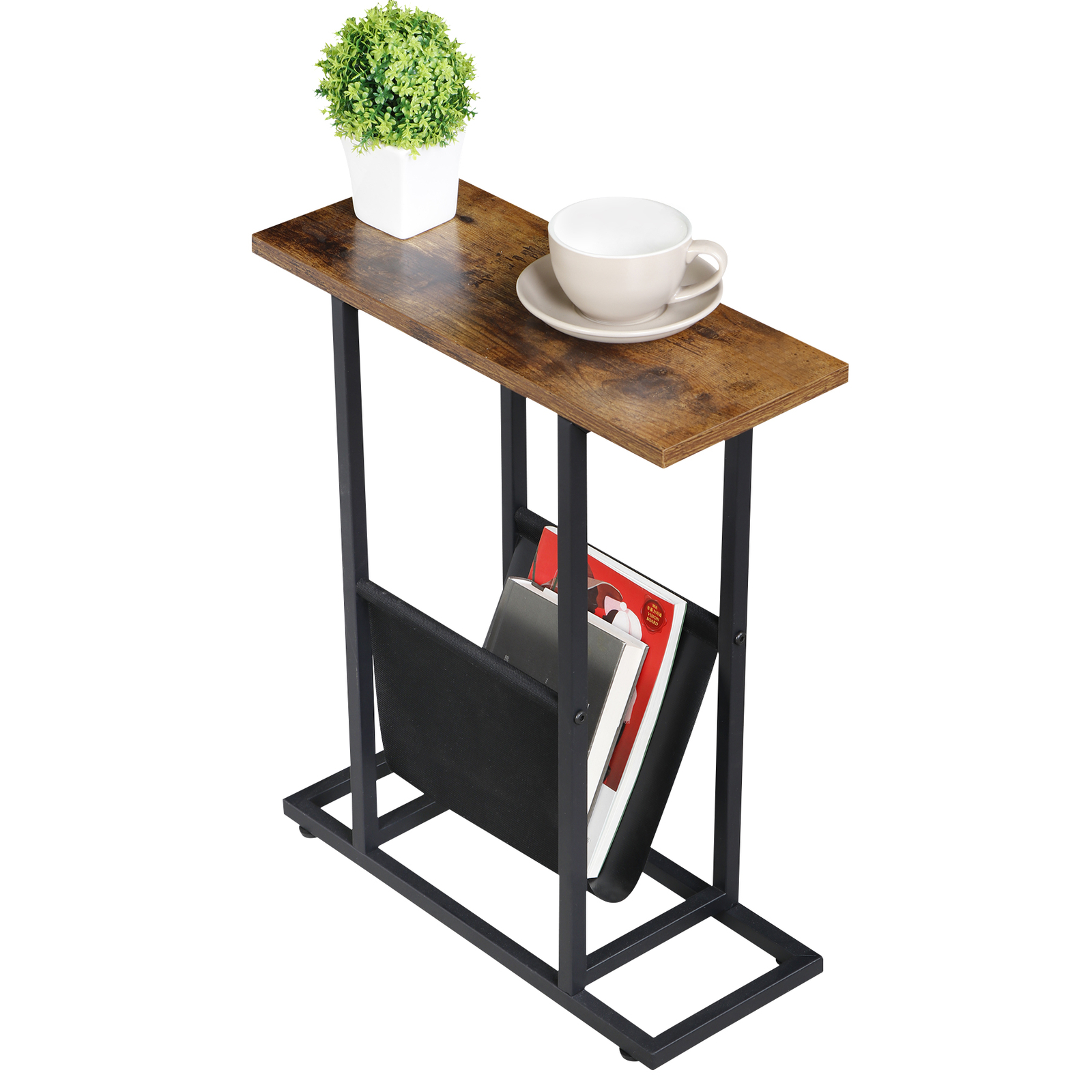Side Table End Table with Magazine Holder for Living Room with Metal Frame Brown