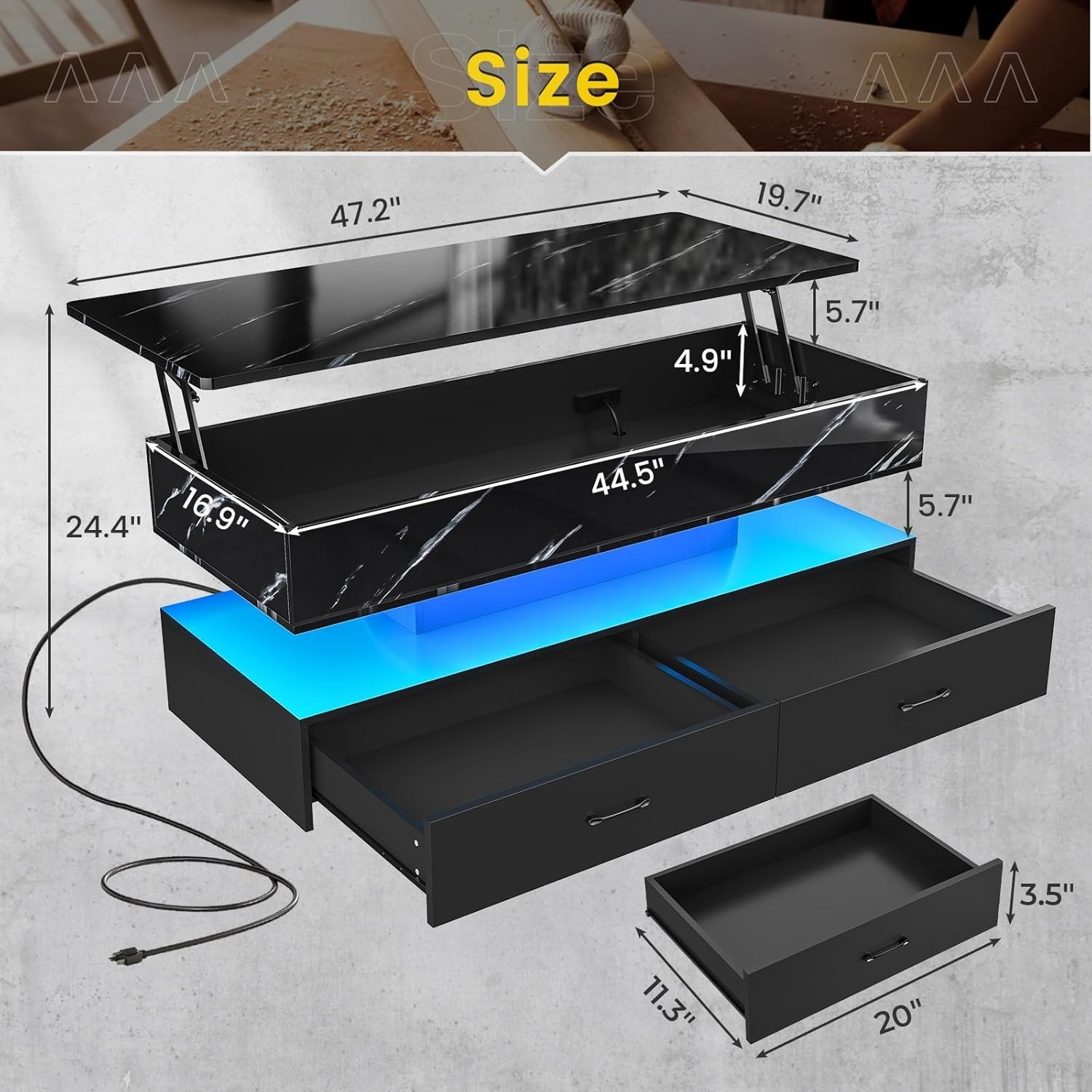 47.2″ Lift Top Coffee Table wih 2 Drawers & LED Light for Dining Reception Room
