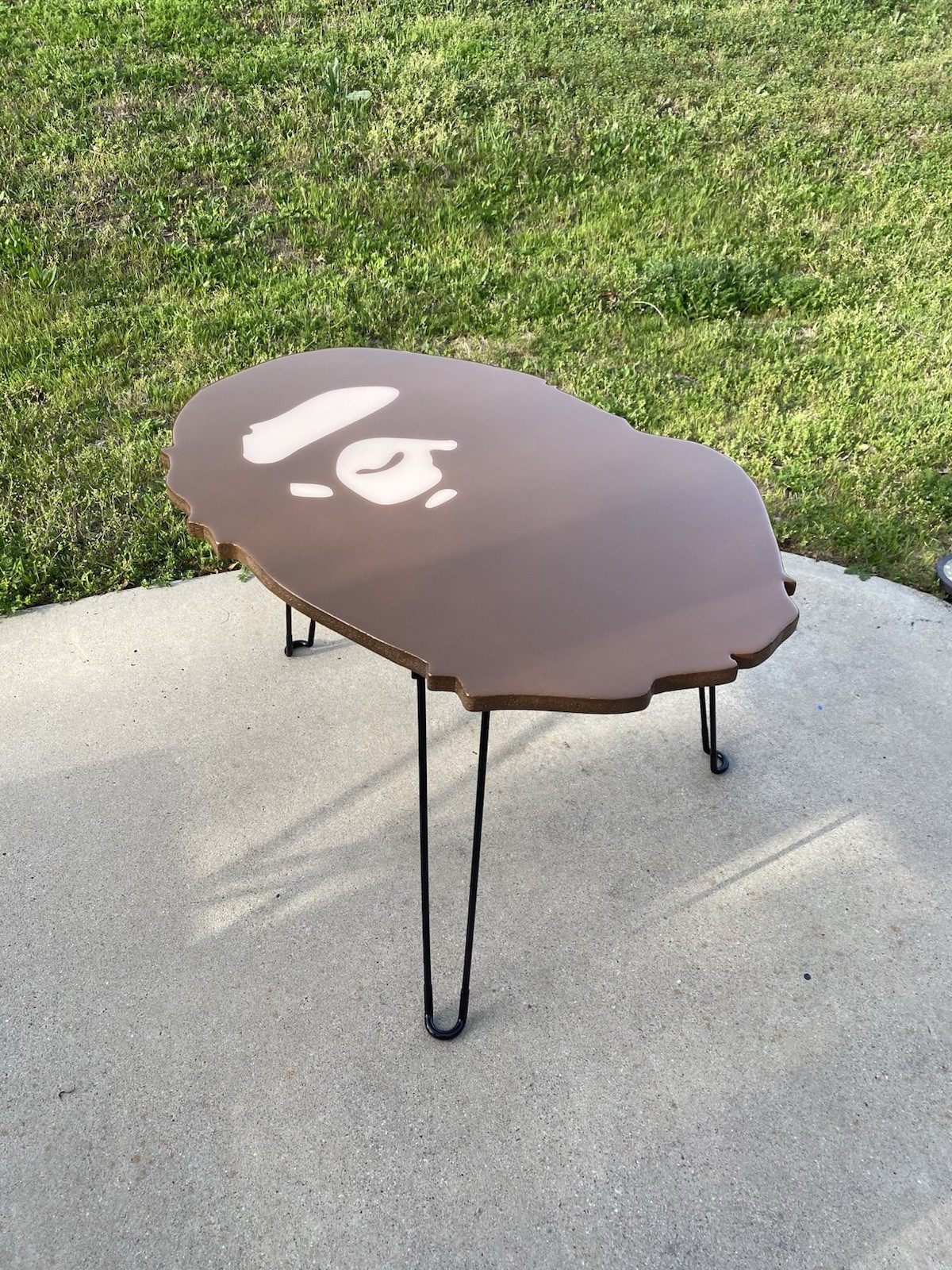 Handcrafted Bape Logo Coffee Table Resin Top Black Hairpin Legs