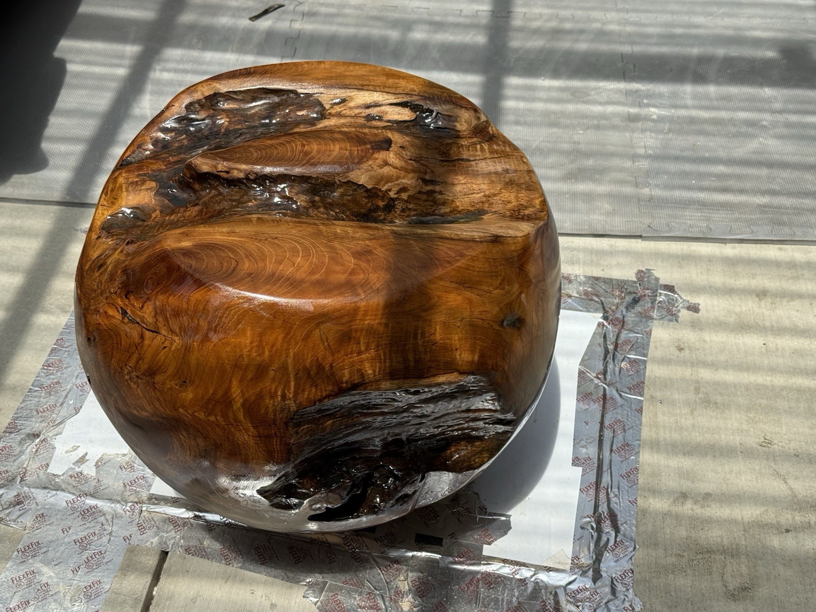 Teak Burl Epoxy Glass Top Side Table Handmade Floating Base Modern 22.5”H