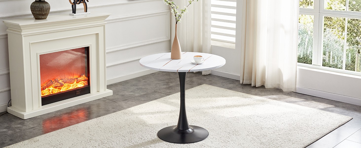 31.5″ Round Tulip Dining Table White MDF Top Metal Pedestal Base