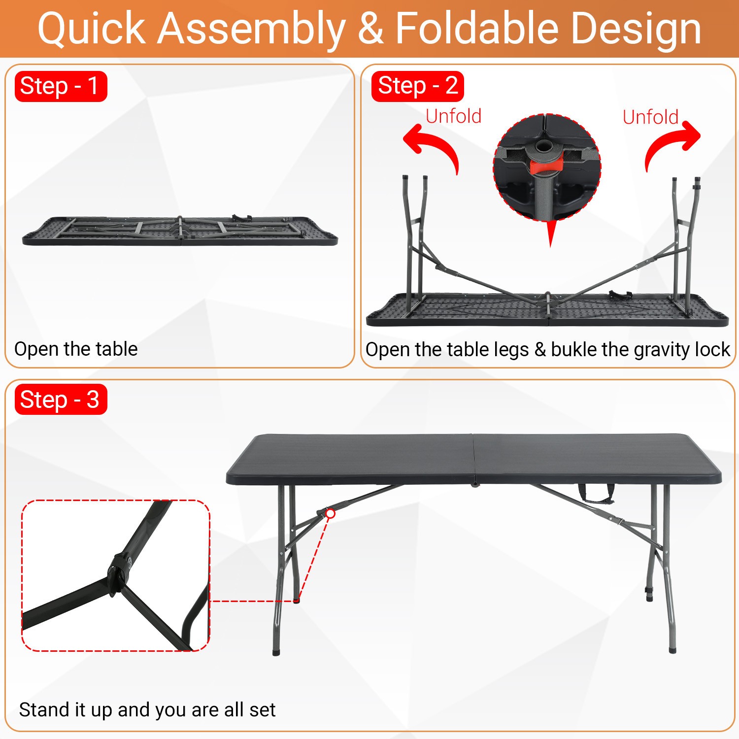 6FT Folding Table Portable Plastic Table w/ Carry Handle Waterproof & Foldable