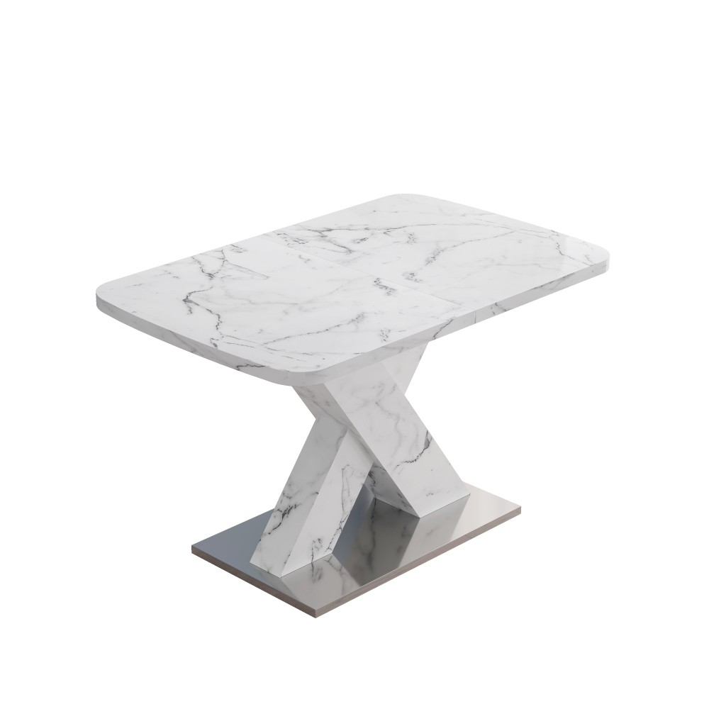 Modern Extending Rectangle Dining Table, Printed White Marble Top, MDF X-Legs