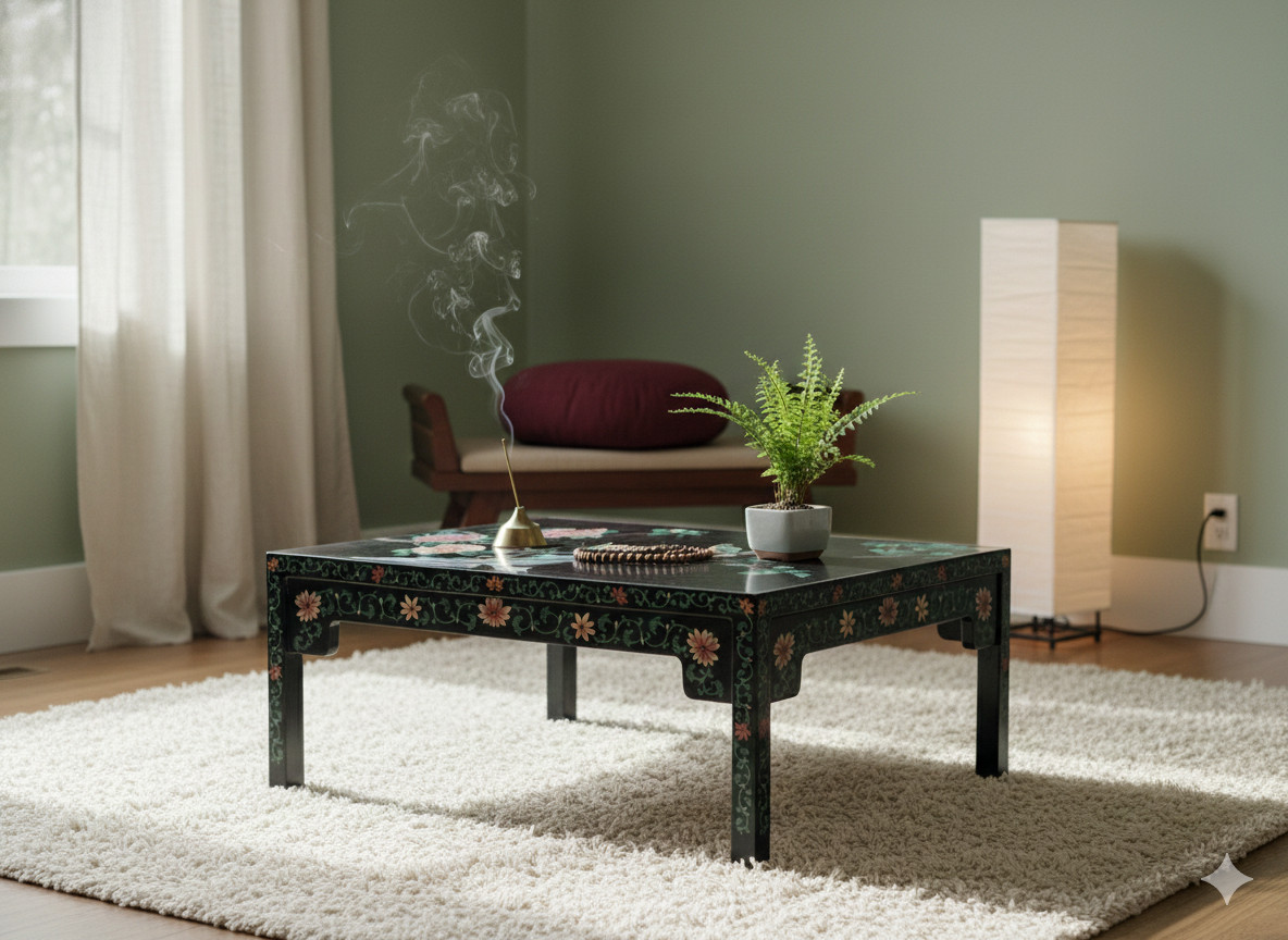 Chinese Black Lacquer Flower Birds Graphic Rectangular Low Coffee Table GB144