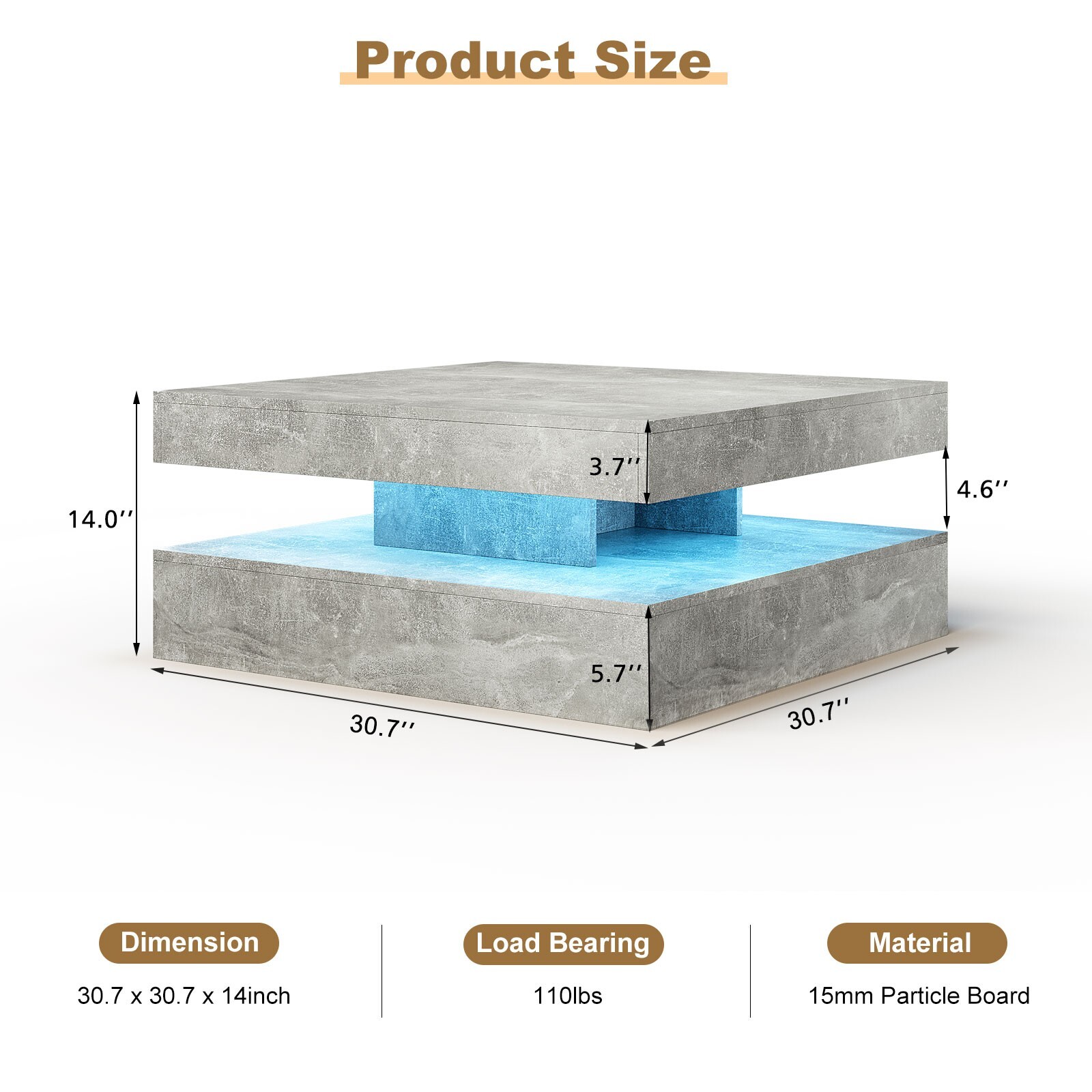 Modern Square LED lighting coffee table LED living room coffee table gray