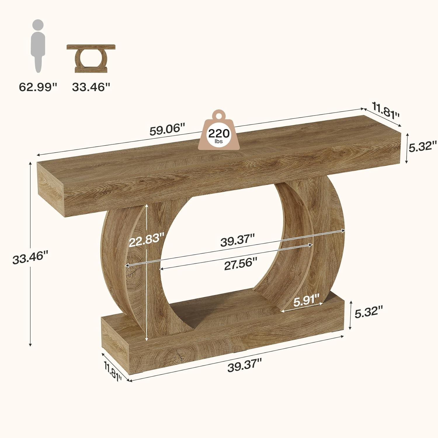 59-Inch Farmhouse Console Table, 2-Tier Wooded Curved Entryway Table for Hallway