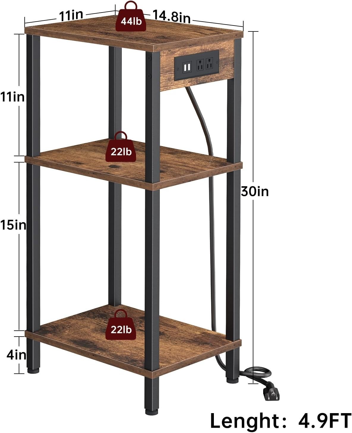 Side Table with Charging Station Narrow End Table Storage Bedside Nightstand
