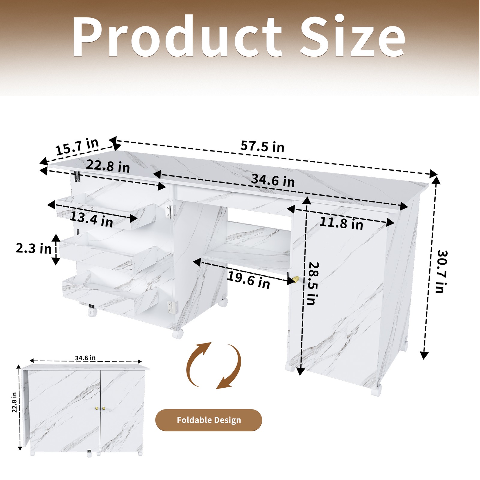 Foldable Sewing Machine Table with Locking Casters 57.5 in White