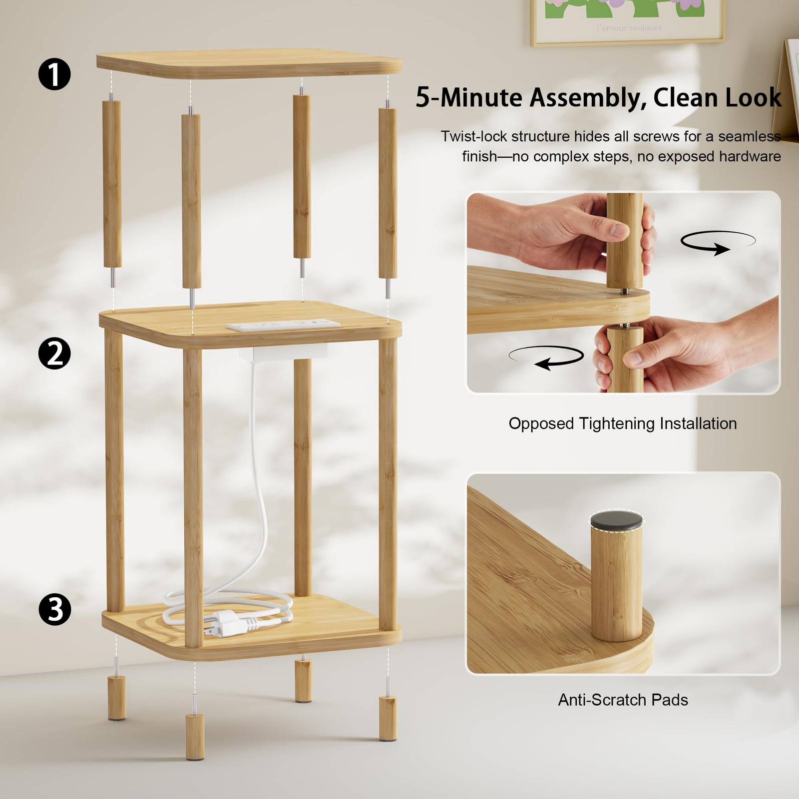 SANLUCE Bamboo End Table with Charging Station, Side Table for Small Space, S…