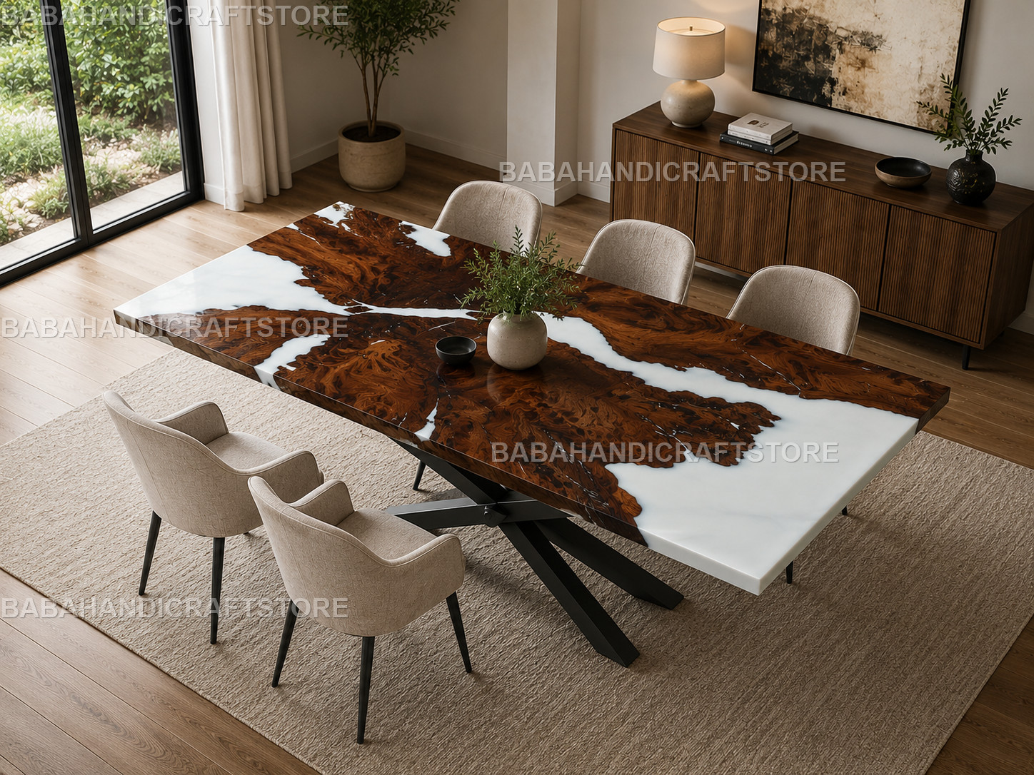 Luxury Live Edge Burl Wood White Epoxy River Dining Table Handmade Resin Desk