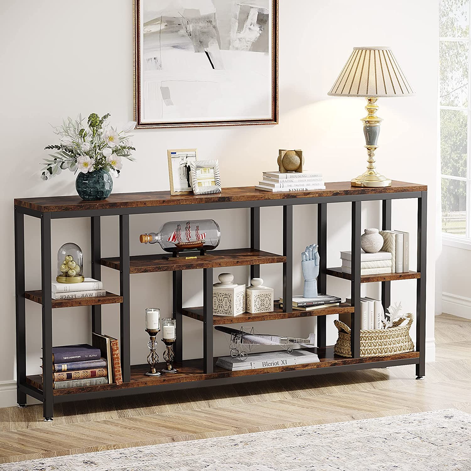 Modern Wood Console Table with 3-Tier Storage Shelves for Living Room Entryway