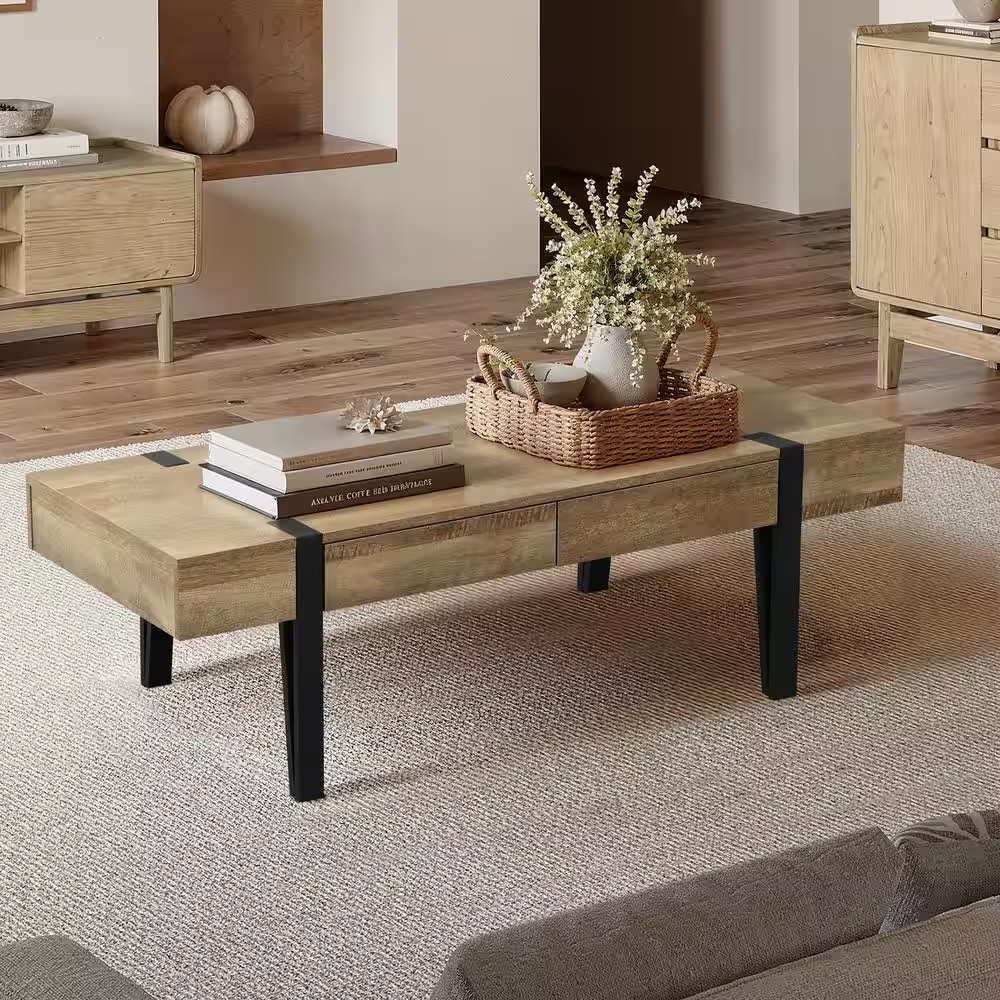 21.69 In. Black Oak Finish Rectangle MDF Coffee Table with Drawers and Metal Fra