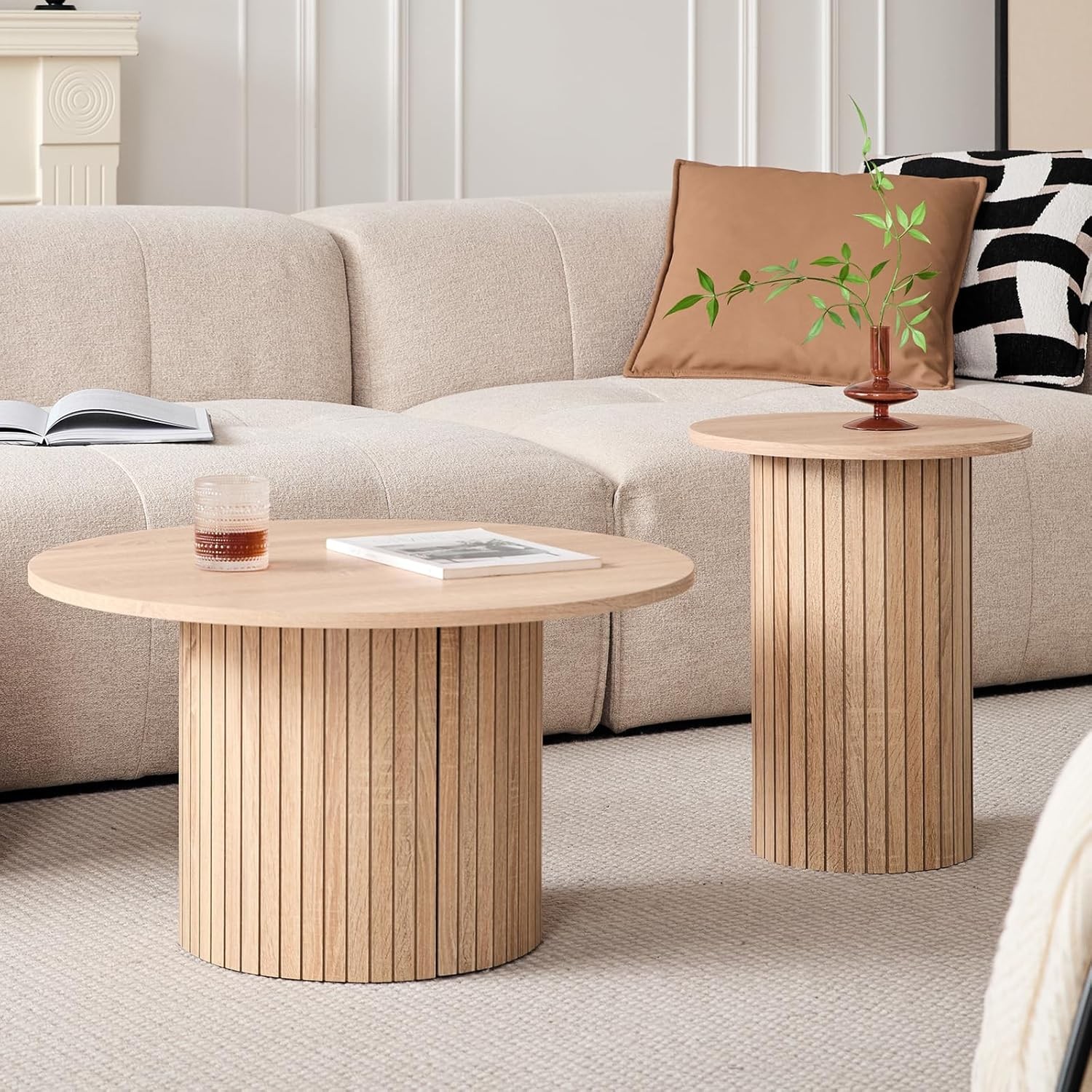 Round Nesting Coffee Tables for Living Room, Set of 2, Natural | φ27.6 + φ15.8
