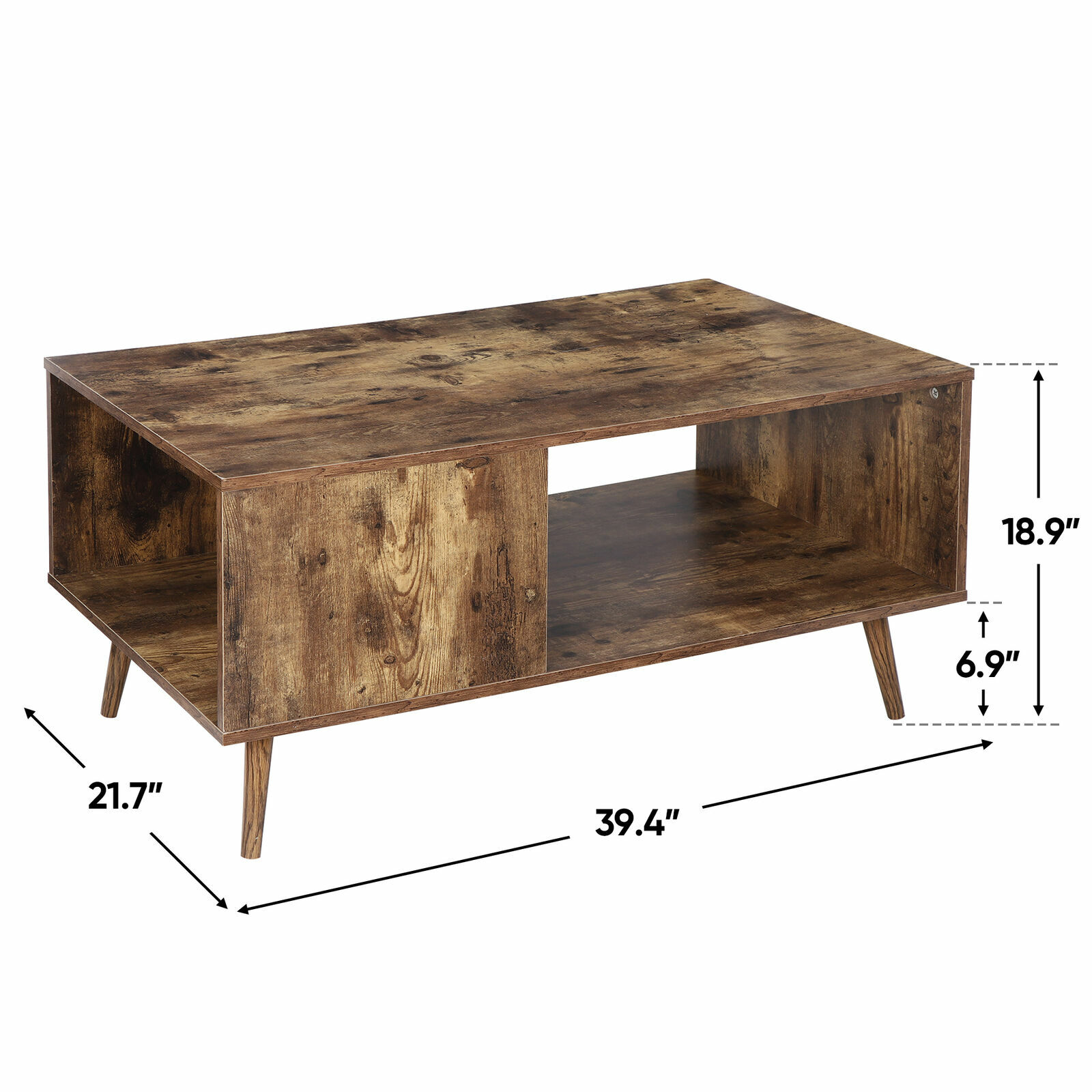 Retro Coffee Table Rectangular Open Storage Wooden Shelf Stand For Living Room