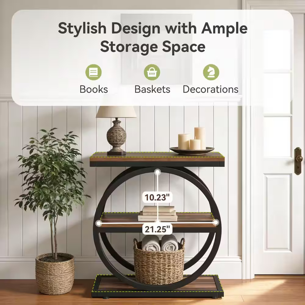24 In. Dark Brown Rectangle Wood End Table with 3 Tiers Storage Shelves and Adju