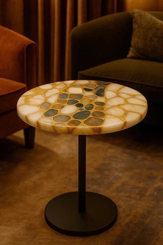15″ Round Quartz & Multicolor Agate Table – Stone Inlay Coffee Table –Luxe Decor