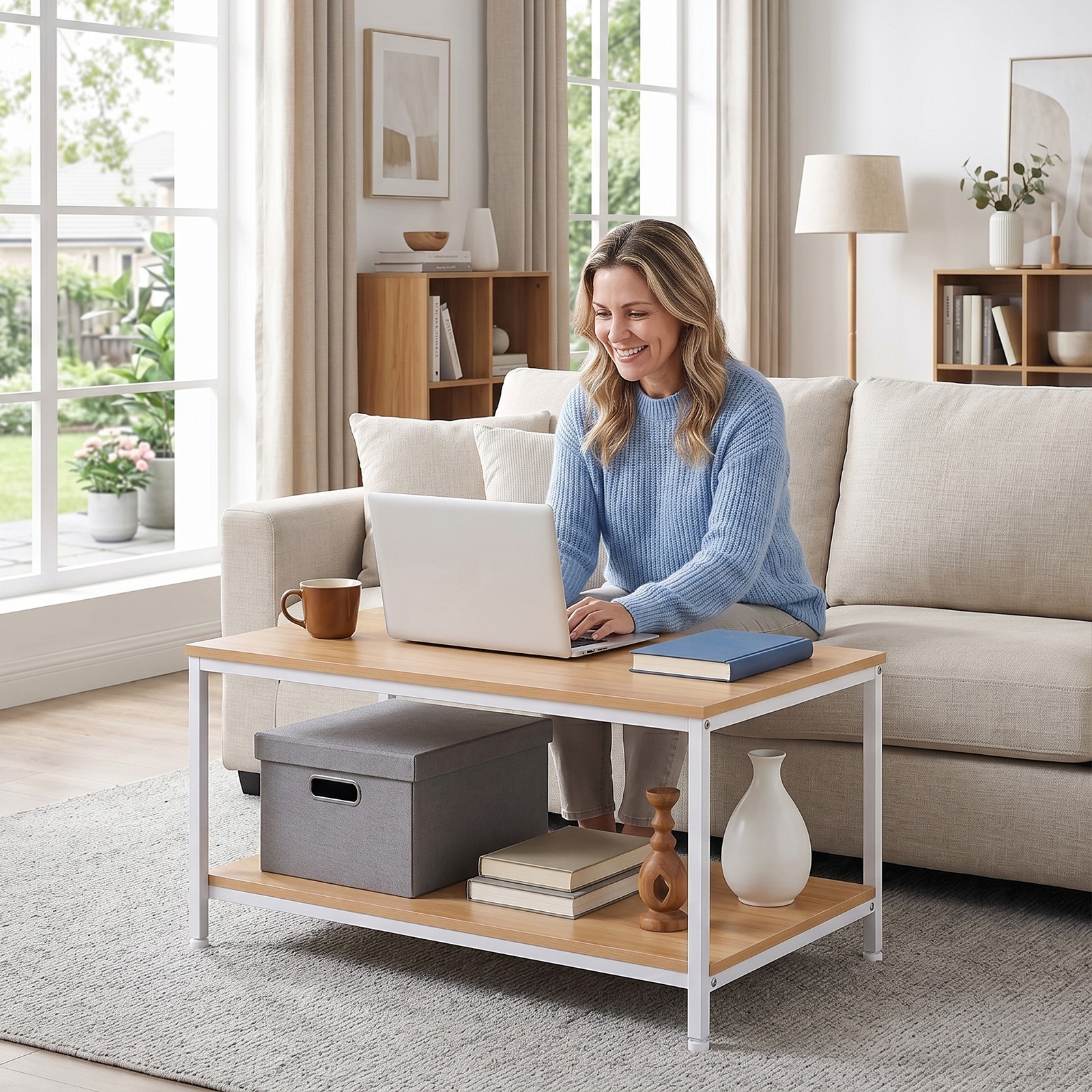 31″ Natural Wood Coffee Table Rectangular Coffee Table w/Storage Shelf Durable