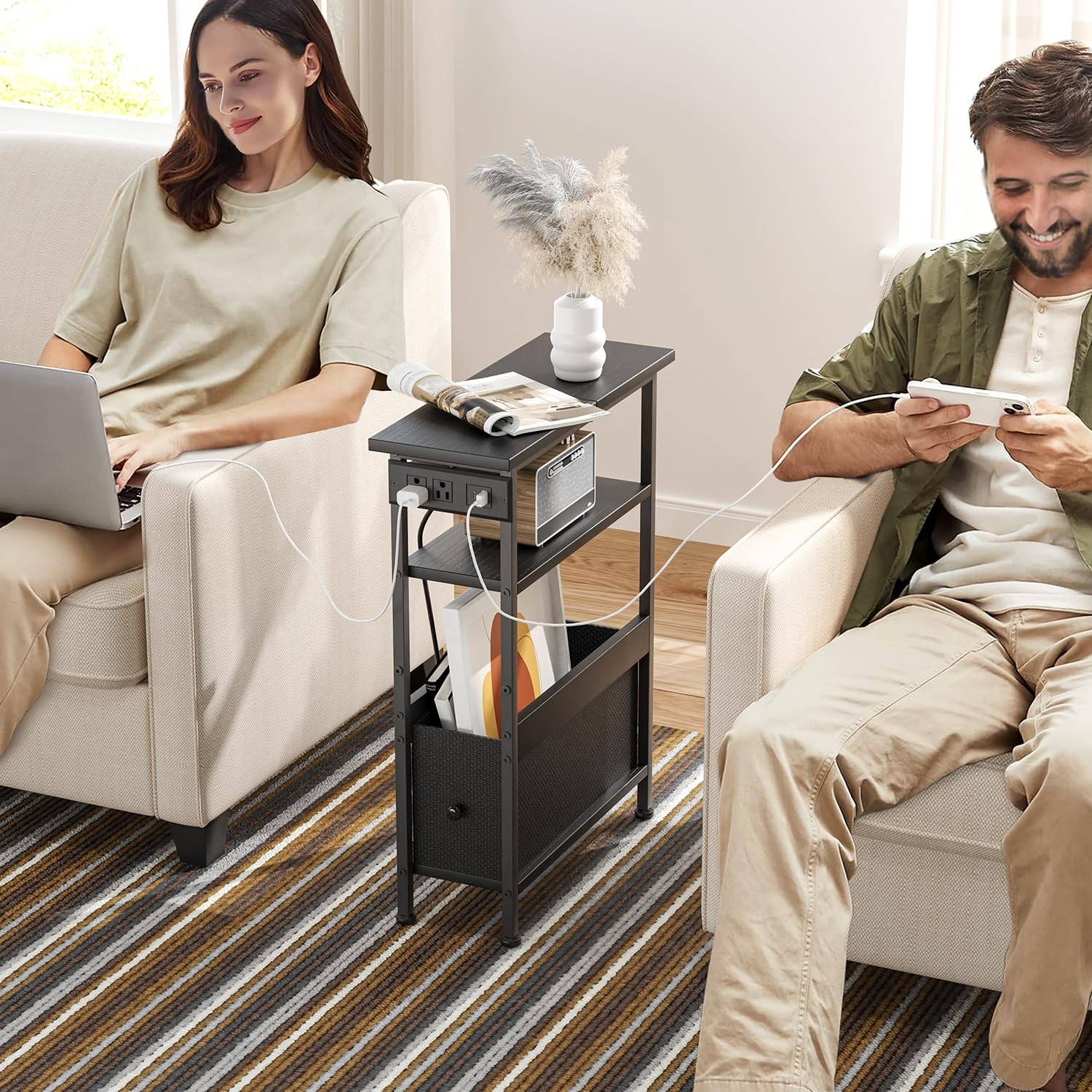 Narrow Side Table with Charging Station and LED Light, Small End Table with 1…