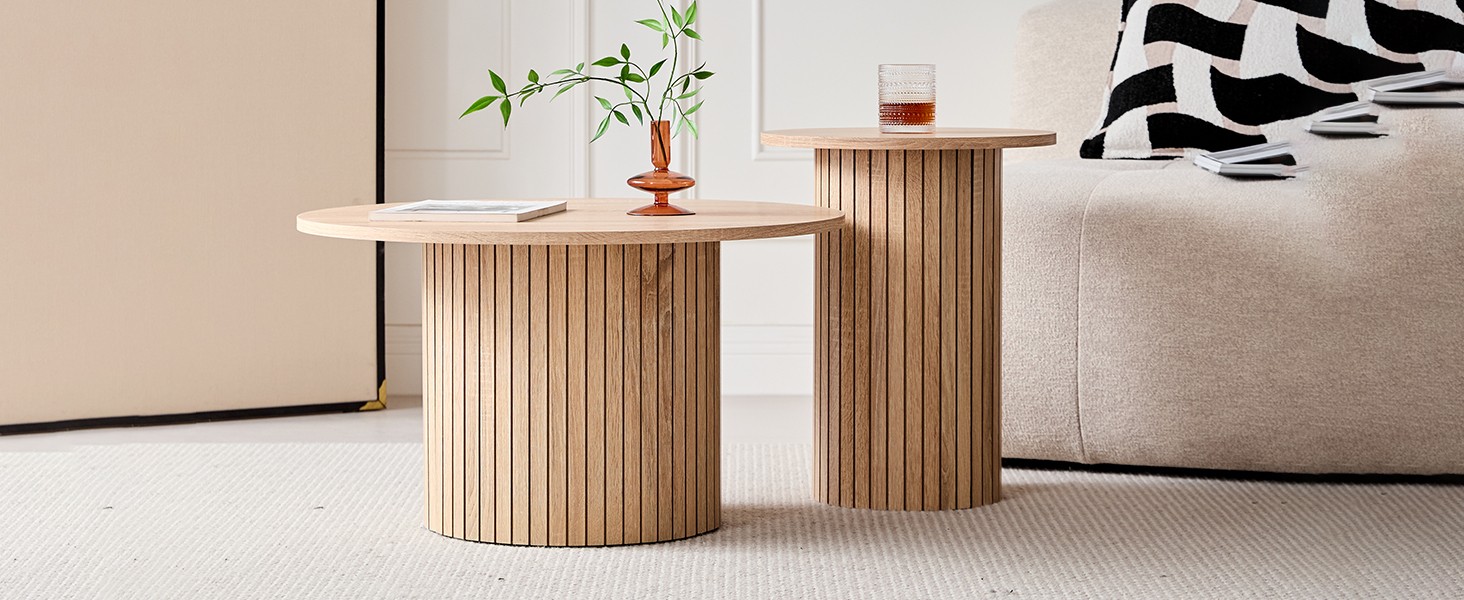 Round Nesting Coffee Tables for Living Room, Set of 2, Natural | φ27.6 + φ15.8