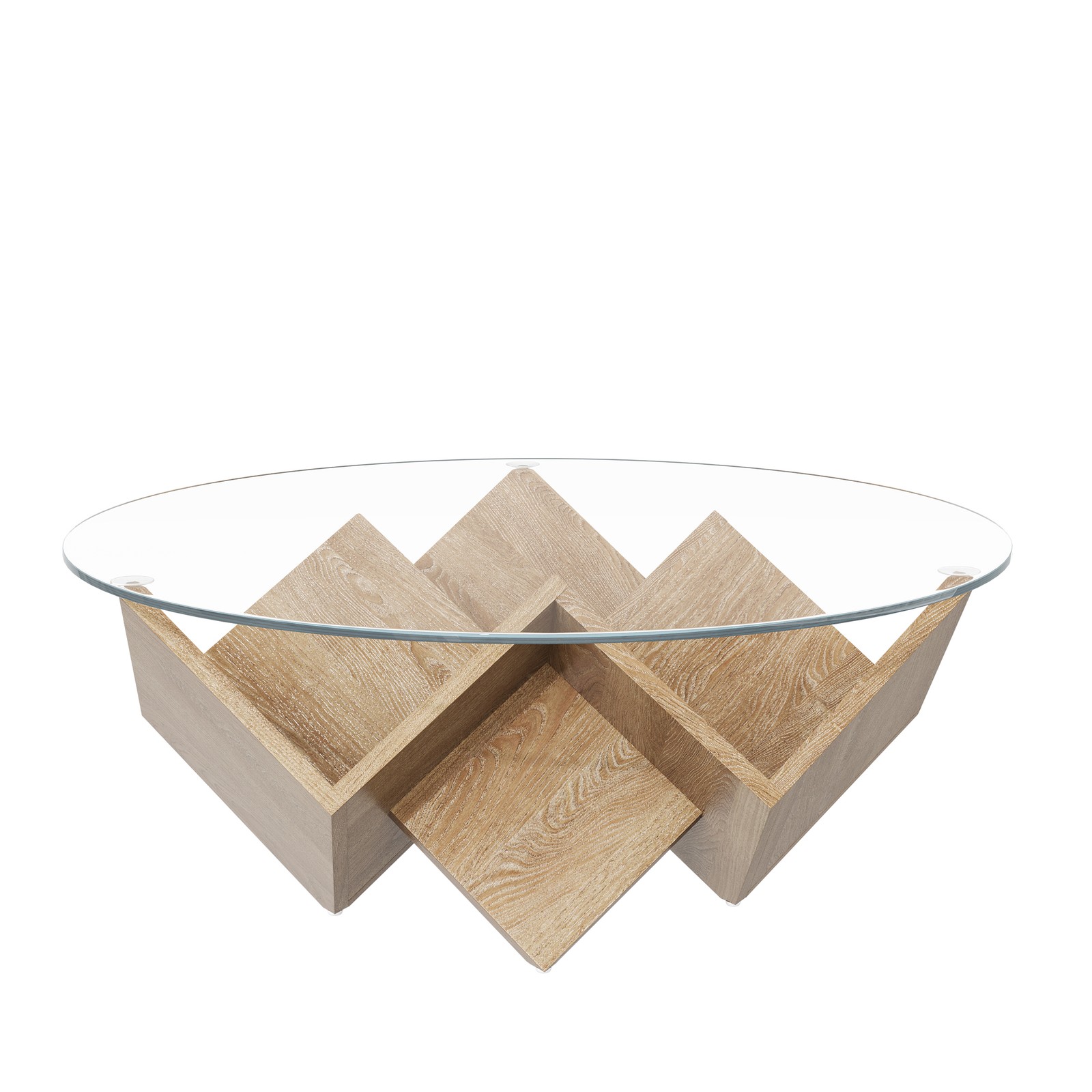 Modern Round Coffee Table with Tempered Glass Top and Geometric Art Deco Storage