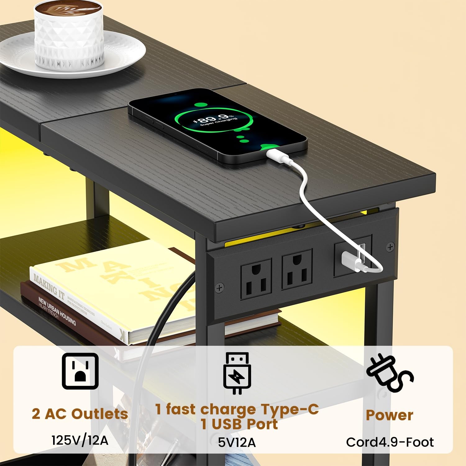Narrow Side Table with Charging Station and LED Light, Small End Table with 1…