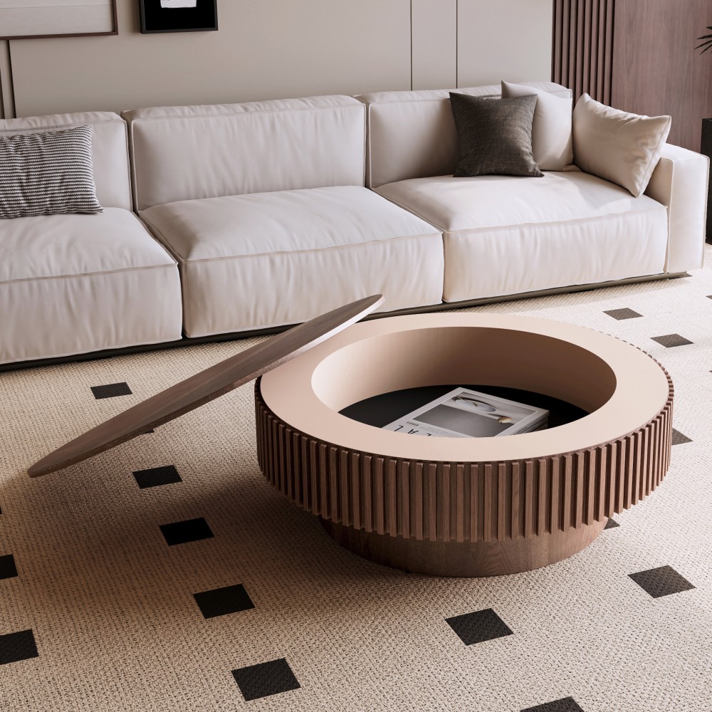 39.37″ Brown Round Coffee Table w/ Storage, Solid Wood Veneer, Modern