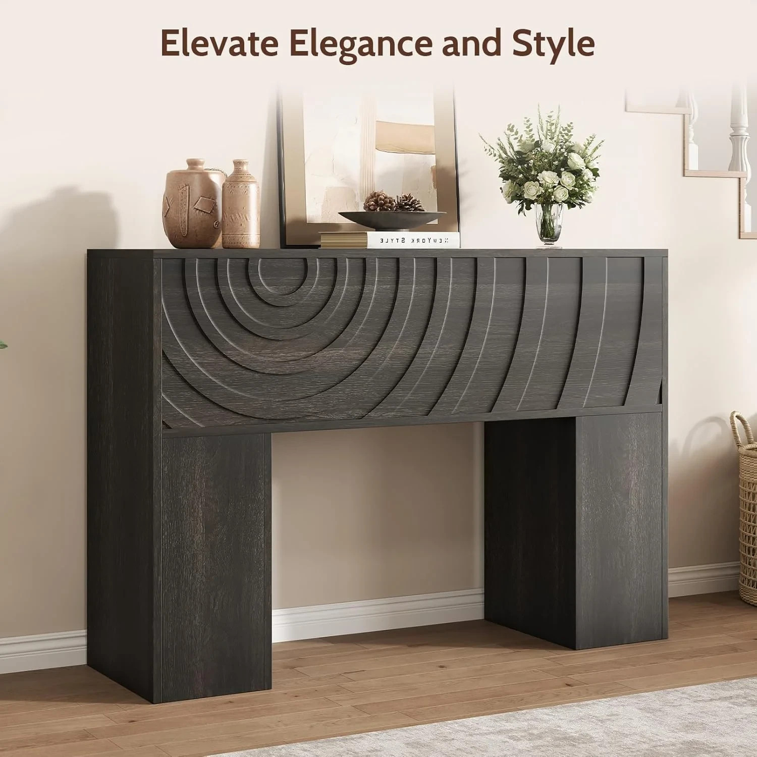 43″W Farmhouse Wood Console Table with Unique Carved Design for Entryway Black