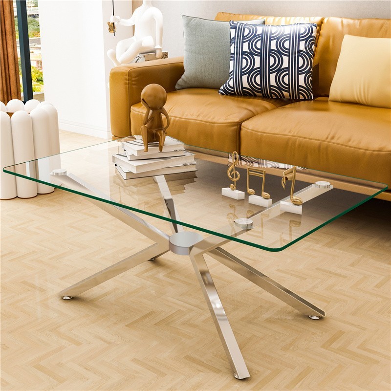 39.37″ Rectangular Clear Tempered Glass Coffee Table Metal Legs for Living Room