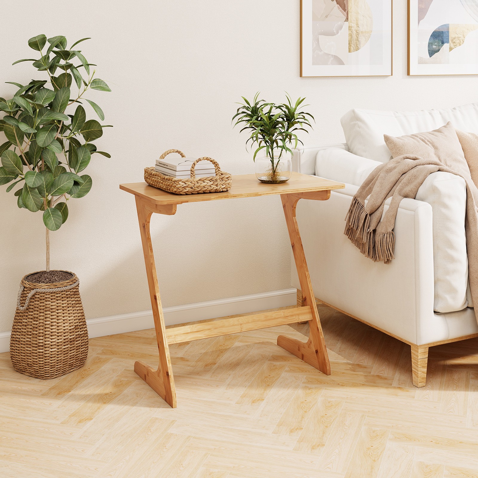 Bamboo Sofa Side Table Z-Shaped Spacious Tabletop Space-Saving TV Snack Tray