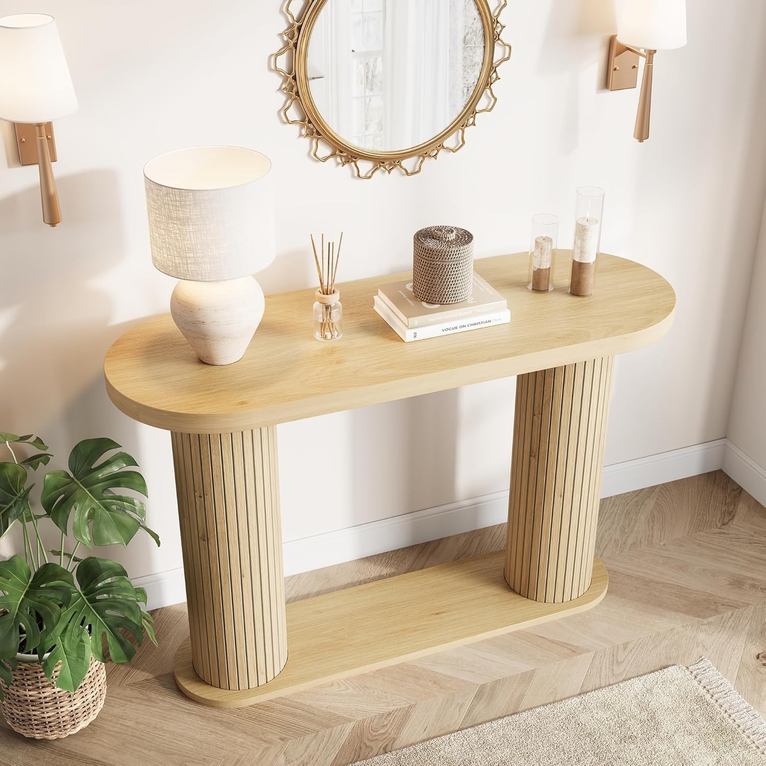 Fluted Console Table, 42.5 Inch Narrow Wood Entryway Table with Storage Shelf…