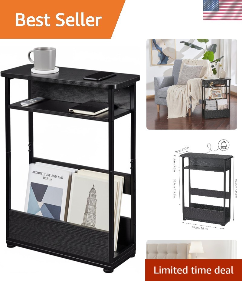 Modern Narrow End Table with 3-Tier Storage – Stylish Function for Any Room