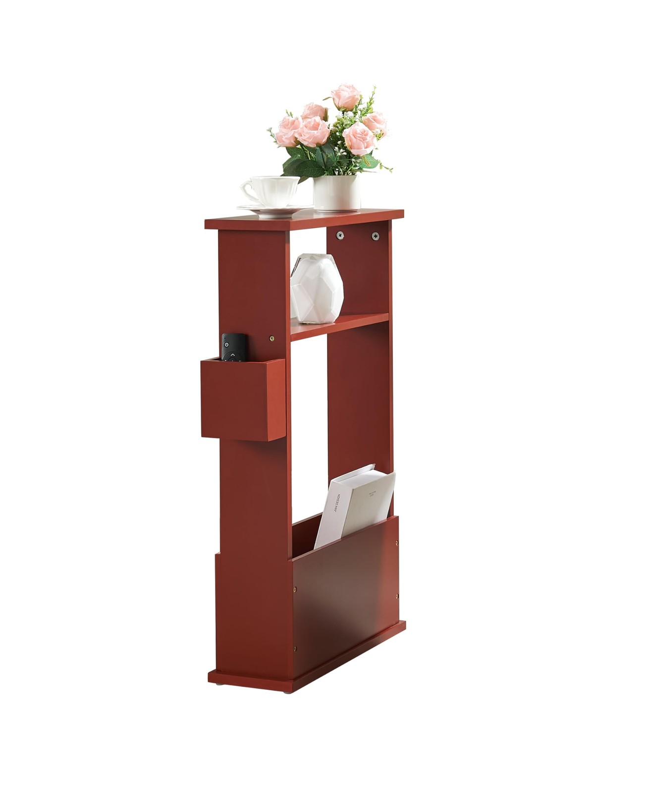 Kings Brand Narrow Side End Table with Storage, Magazine & Remote Holder, Red