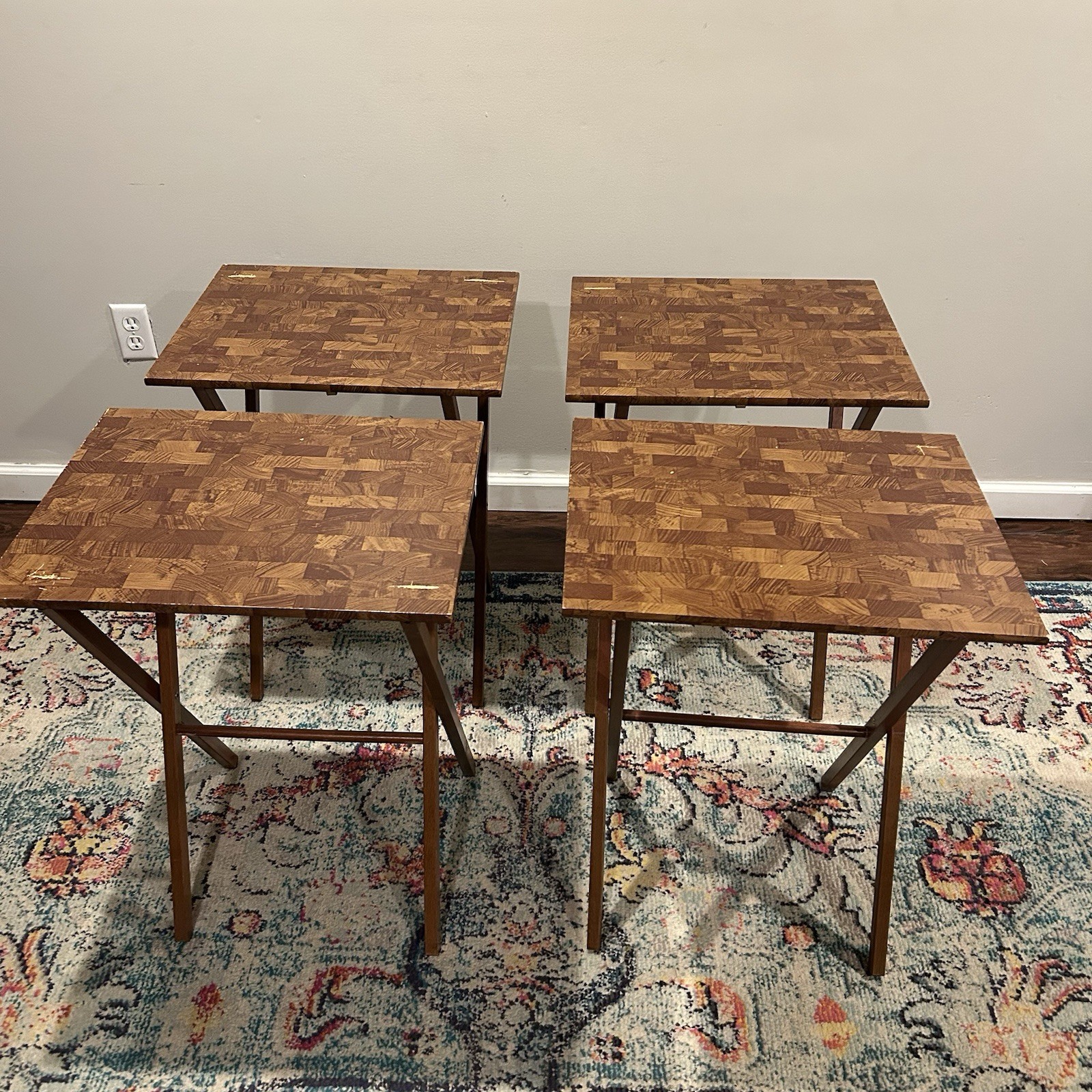 Vintage Faux Butcher Block TV Tray Set of 4 Retro Laminate Folding TV Tables