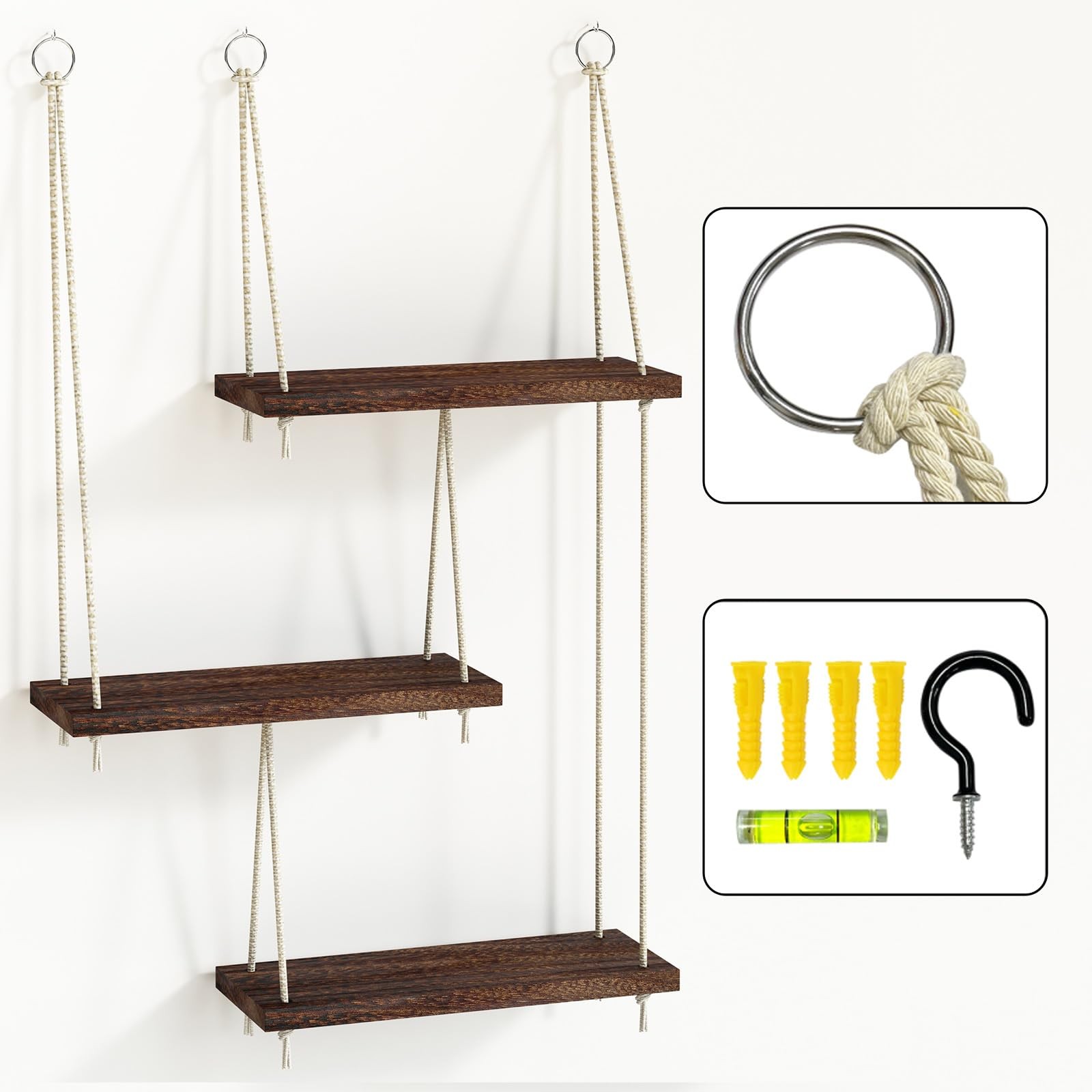 Fixwal Hanging Shelves for Wall, 3 Tier Boho 15.8×5.9×34.8 inches, Dark Brown