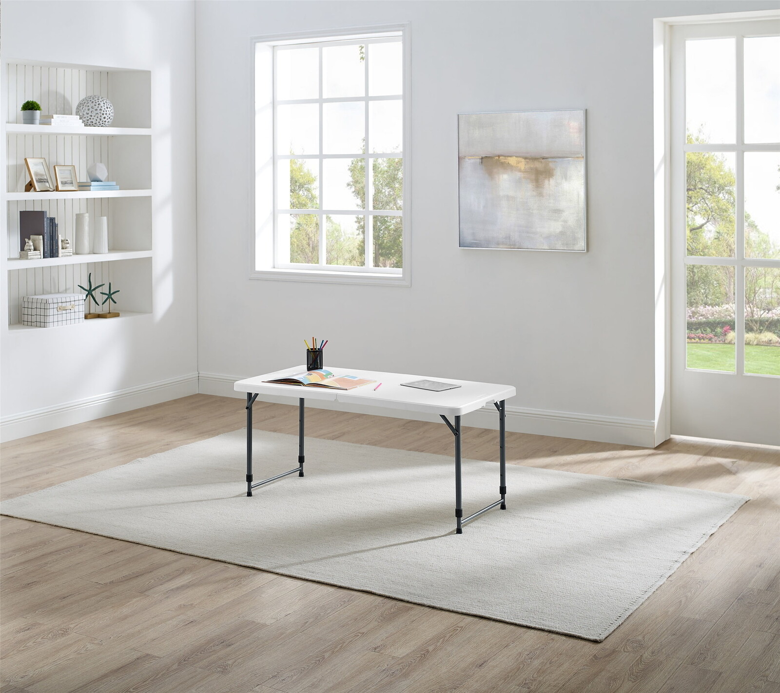 4 Ft Rectangular Folding Table Adjustable Height Durable Indoor Outdoor White US