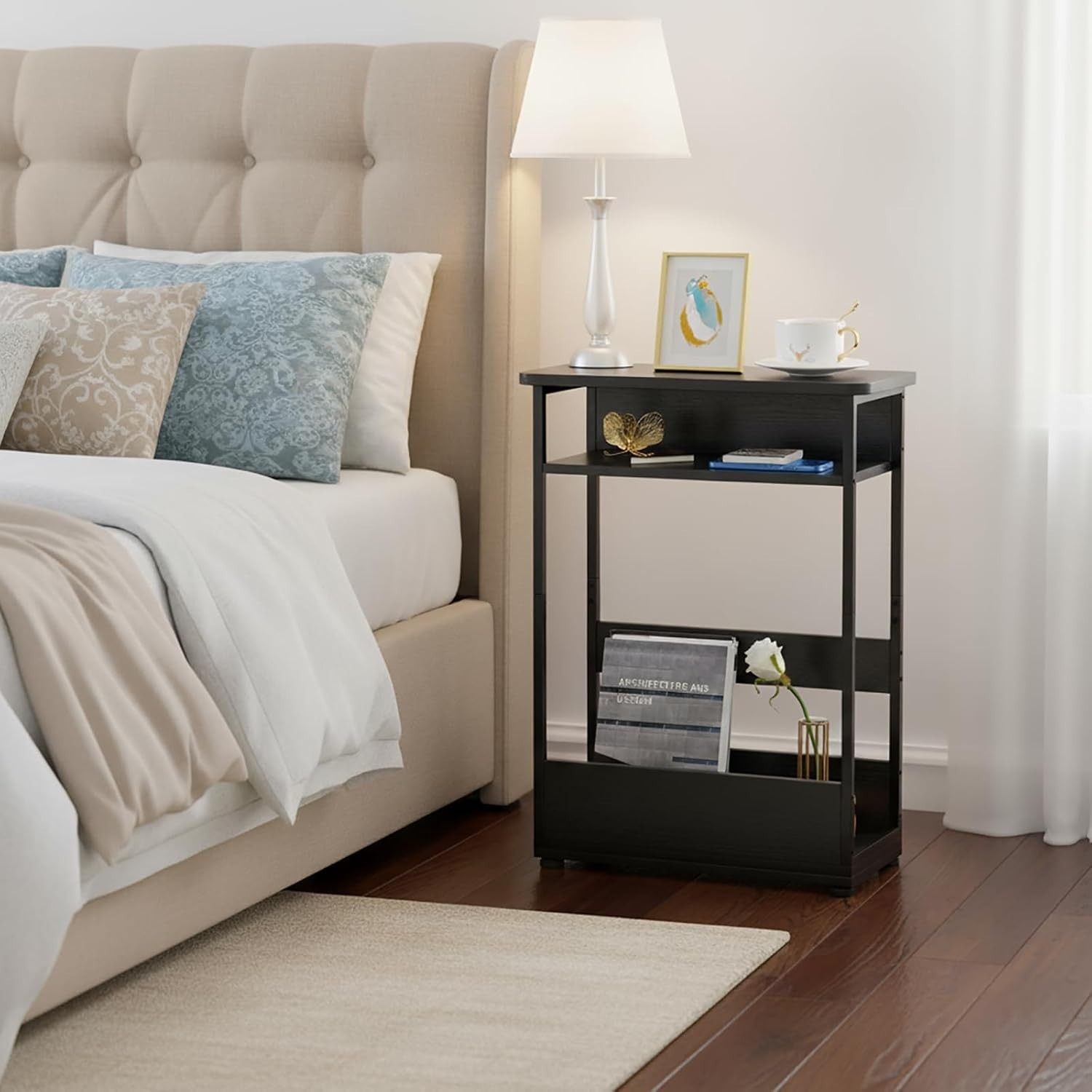 Modern Narrow End Table with 3-Tier Storage – Stylish Function for Any Room