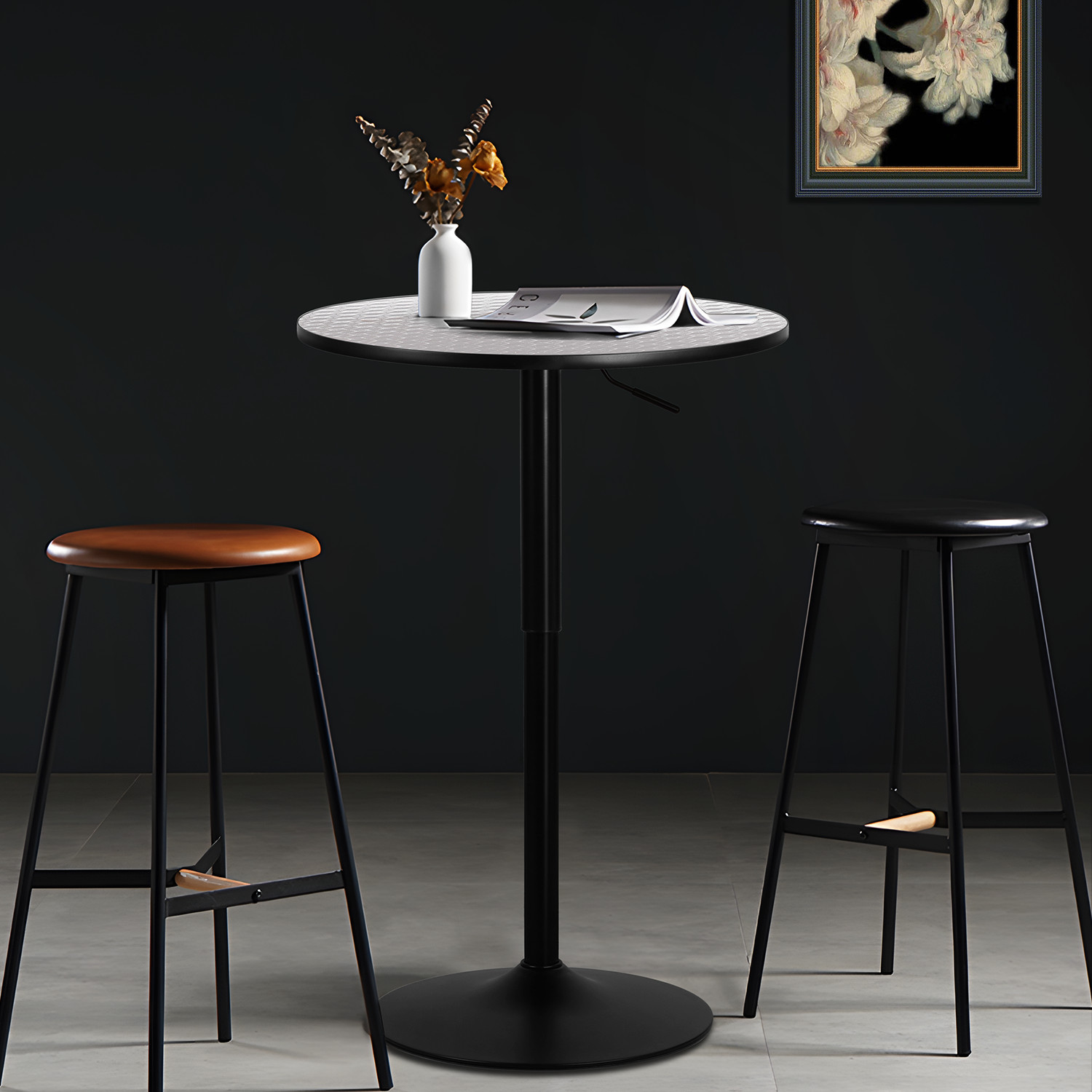 Bistro Pub Bar [ADJUSTABLE HEIGHT] Round Table w/Wooden Marbling Swivel Tabletop
