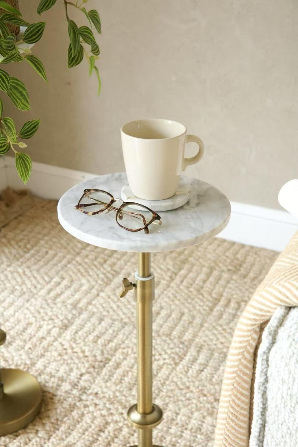 Adjustable-Height Marble Drink Table -10x10x22-30, White Marble & Antique Brass