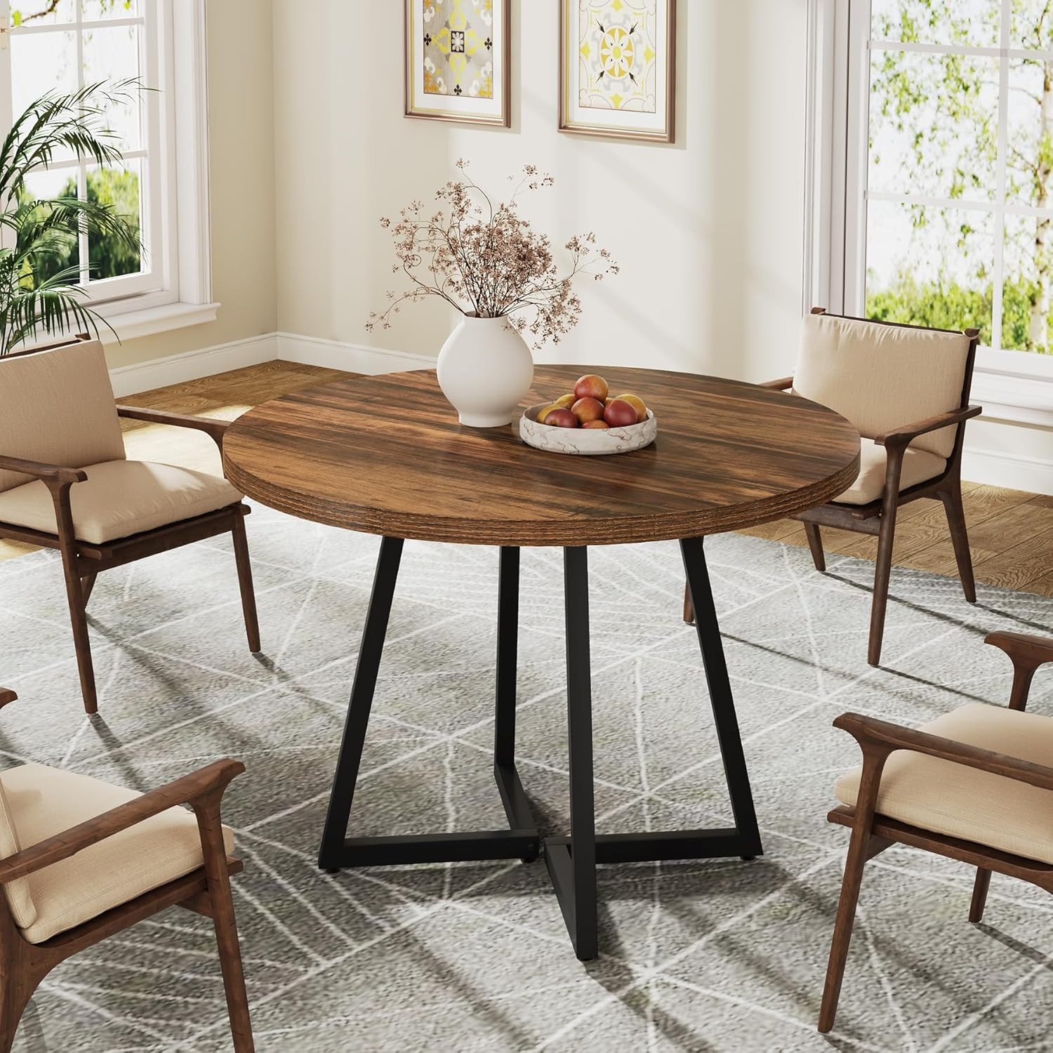 Round Dining Table for 2, 31.5″ Industrial Small Kitchen Table with Metal Base