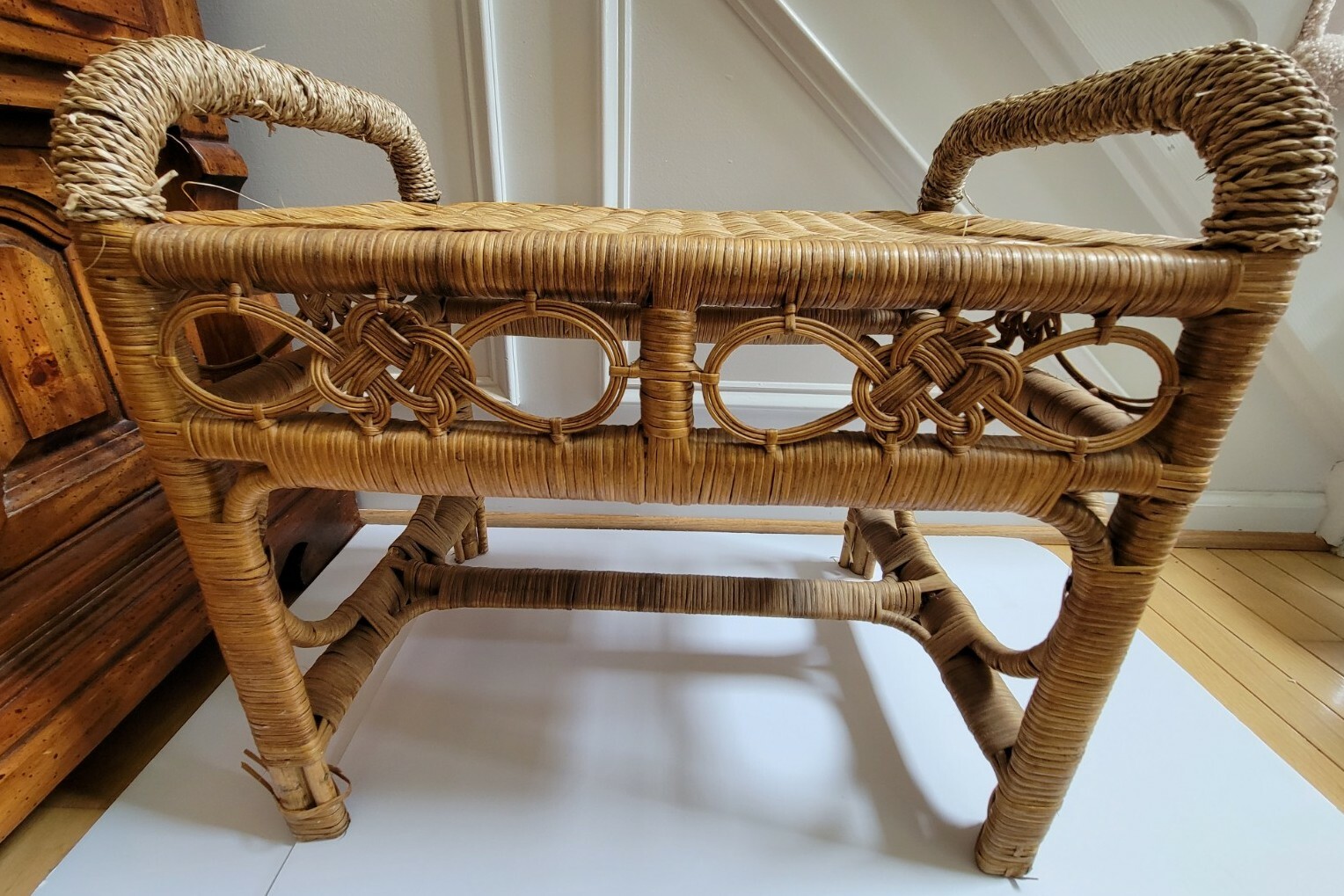 Vintage Bamboo Wicker Side End Table Plant Standw/Handle Art Deco Boho Chic