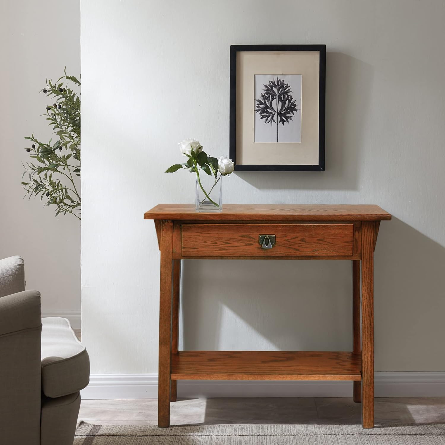 Narrow Mission Console Table with Drawer & Shelf, Solid Wood, Russet Finish