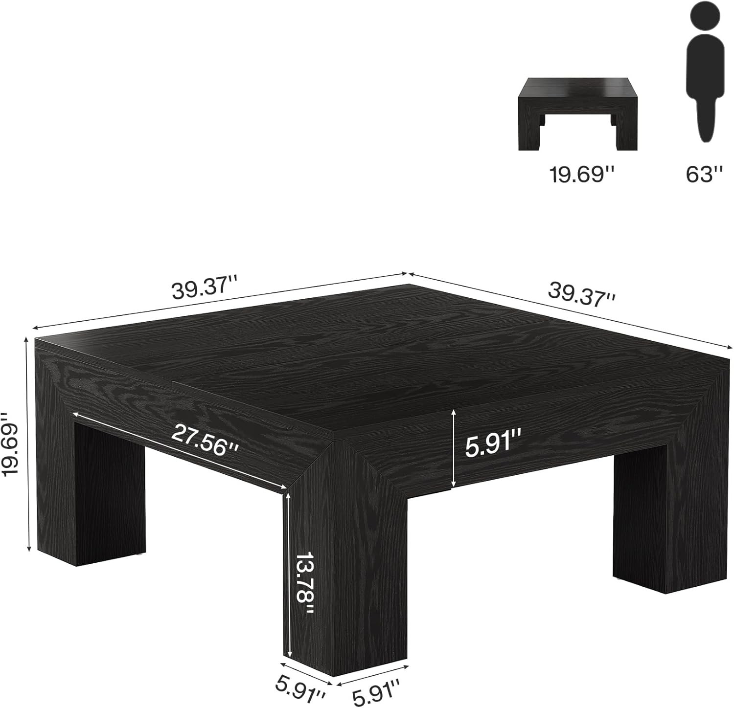 39.4-Inch Black Square Coffee Table Modern Center Cocktail Table for Living Room