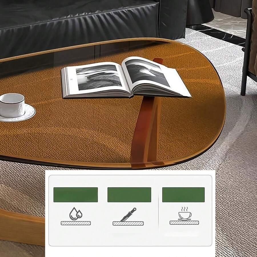 Walnut Wood & Glass Coffee Table, Triangular/Oval Modern Living Room Table