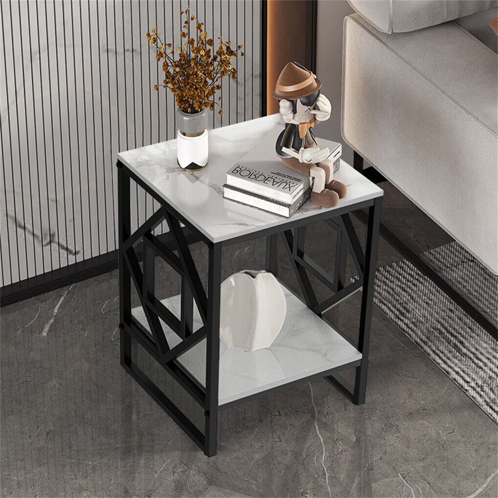 Side Table White Marble Top 2 Tier Square End Table Metal Frame Coffee Table